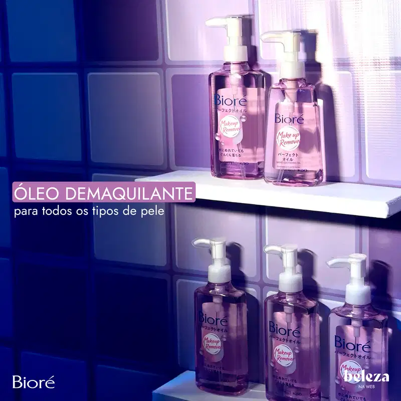 O ambiente apresenta uma prateleira com diversos óleos desmaquiantes da Bioré. A iluminação e cores predominantes são tons de azul e roxo