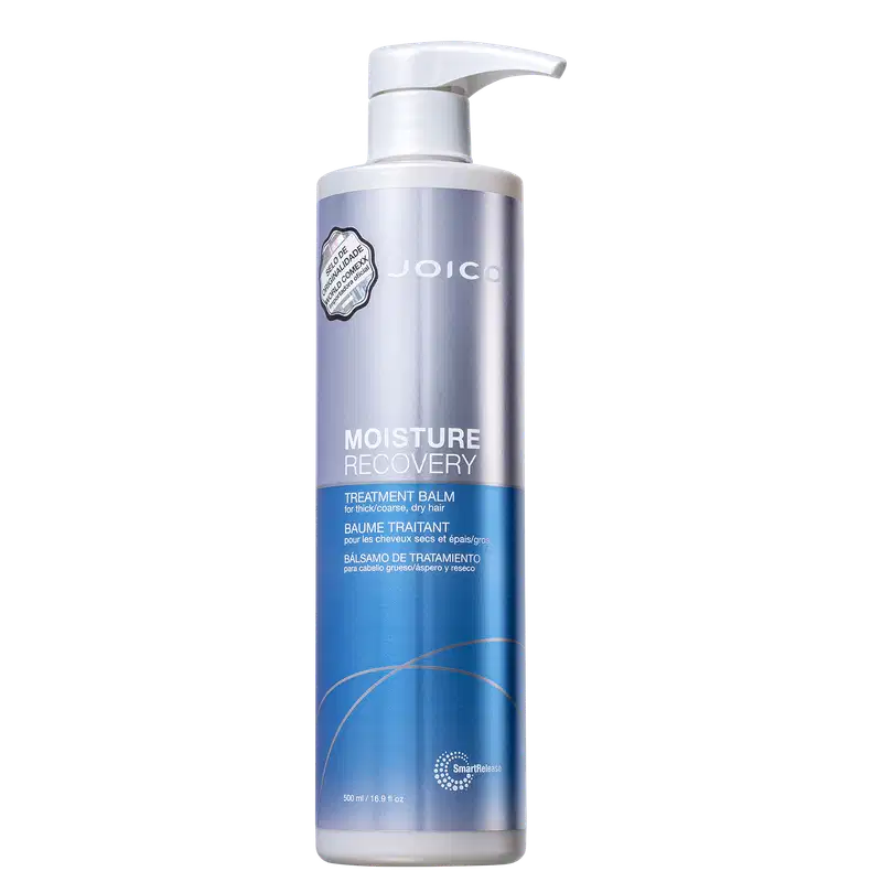 Frasco de tratamento capilar Joico Moisture Recovery, com bomba doseadora, em tonalidades de azul e prata, com rótulo destacando o nome do produto e informações sobre seu uso.