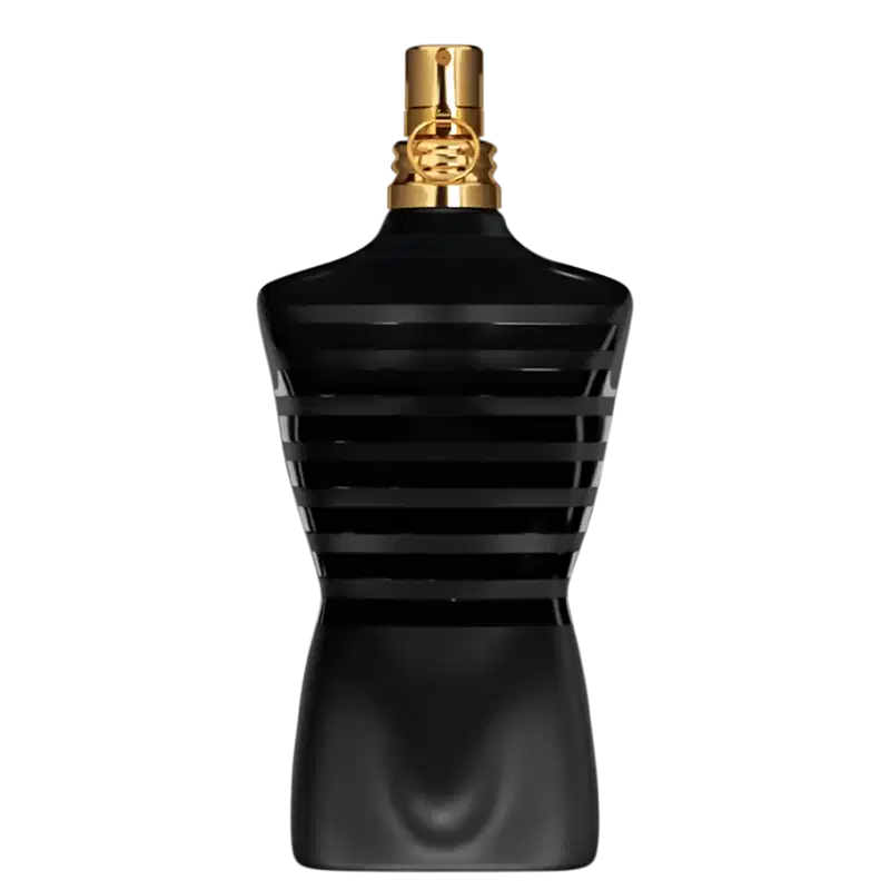 A imagem mostra o perfume Le Male Le Parfum Jean Paul Gaultier um frasco preto e dourado com design em formato inspirado no torso masculino icônico da maison