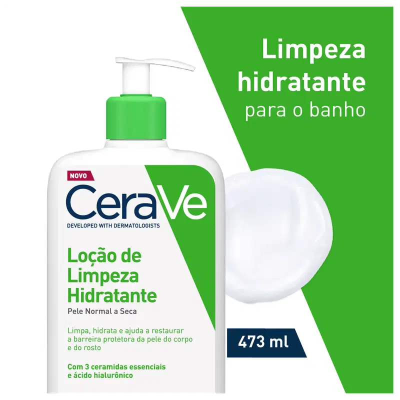 Frasco de loção de limpeza hidratante da marca CeraVe, com embalagem branca e verde, contendo 473 ml do produto. O rótulo destaca que o produto é desenvolvido com dermatologistas e contém 3 ceramidas essenciais e ácido hialurônico.