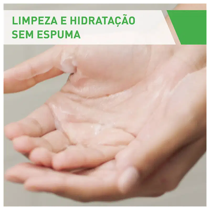 Frasco de loção de limpeza hidratante da marca CeraVe, com embalagem branca e verde, contendo 473 ml do produto. O rótulo destaca que o produto é desenvolvido com dermatologistas e contém 3 ceramidas essenciais e ácido hialurônico.