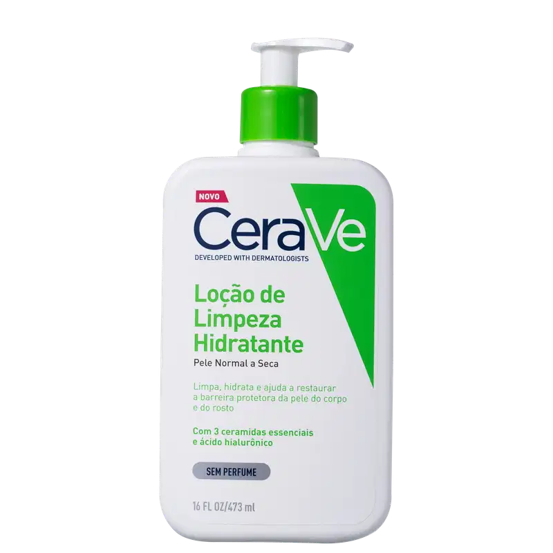 Frasco de loção de limpeza hidratante da marca CeraVe, com embalagem branca e verde, contendo 473 ml do produto. O rótulo destaca que o produto é desenvolvido com dermatologistas e contém 3 ceramidas essenciais e ácido hialurônico.