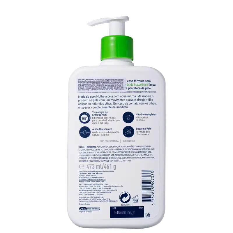 Frasco de loção de limpeza hidratante da marca CeraVe, com embalagem branca e verde, contendo 473 ml do produto. O rótulo destaca que o produto é desenvolvido com dermatologistas e contém 3 ceramidas essenciais e ácido hialurônico.
