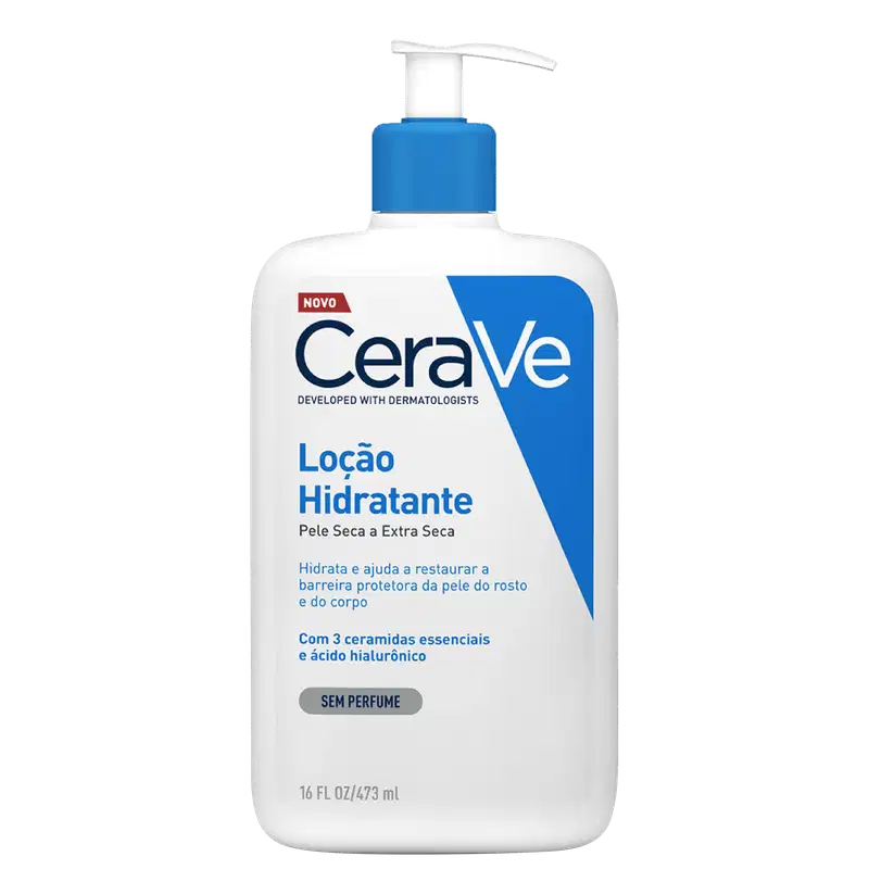Frasco branco com bomba pump azul da linha CeraVe, contendo loção hidratante para pele seca a extra-seca, com 3 ceramidas essenciais e ácido hialurônico, sem perfume.