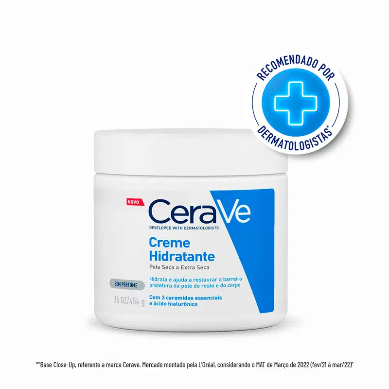 A imagem mostra o pote do Creme Hidratante CeraVe Pele Seca a Extra Seca. Acima texto destaca: recomendado por dermatologistas.