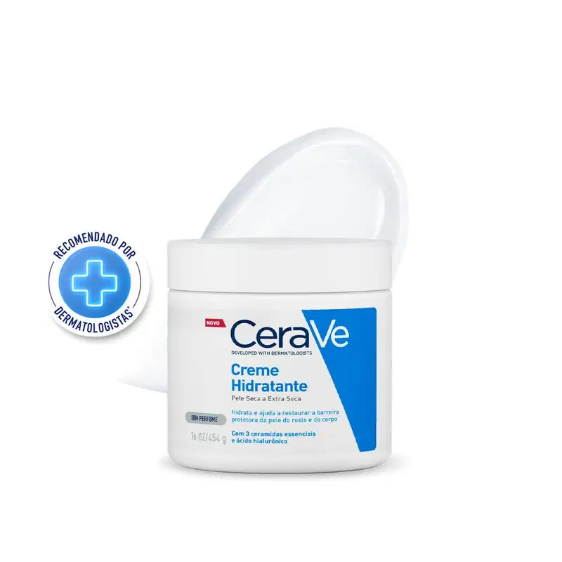 Pote branco da CeraVe com tampa aberta, rótulo azul e branco com "Creme Hidratante" para pele seca a extra seca, 454 g. Selo azul "Recomendado por Dermatologistas".