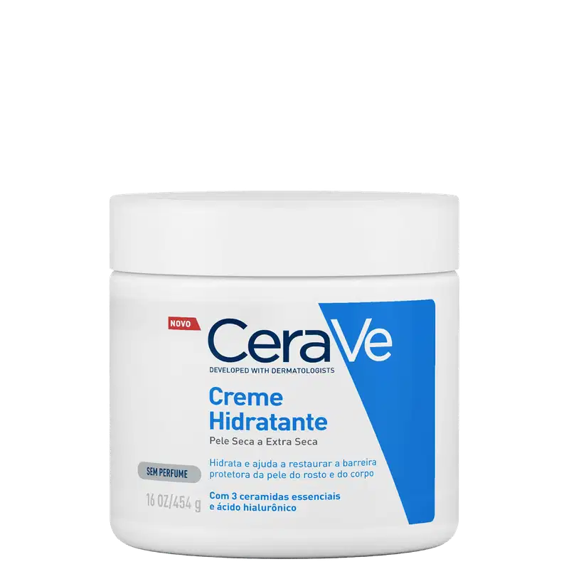 A imagem mostra o pote do Creme Hidratante CeraVe Pele Seca a Extra Seca.
