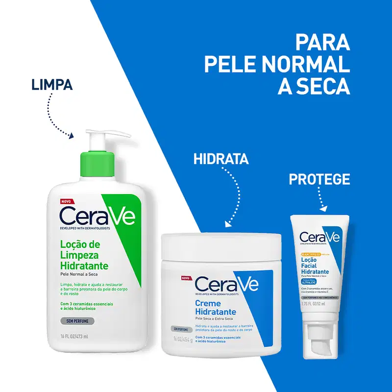 Fundo dividido em branco e azul vibrante, com a linha da CeraVe para pele normal a seca: loção de limpeza, creme hidratante e loção facial com FPS.