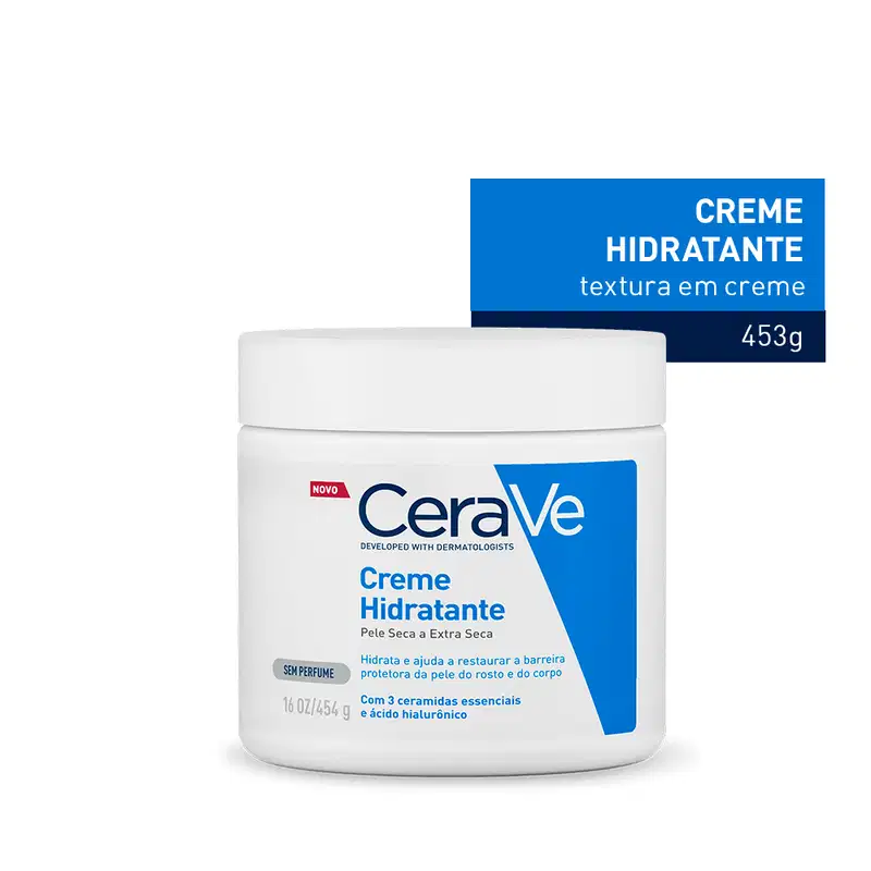 Pote branco da CeraVe Creme Hidratante 453g, com tampa branca, faixa azul e rótulo com texto "Pele Seca a Extra Seca", "Sem Perfume" e "Novo".