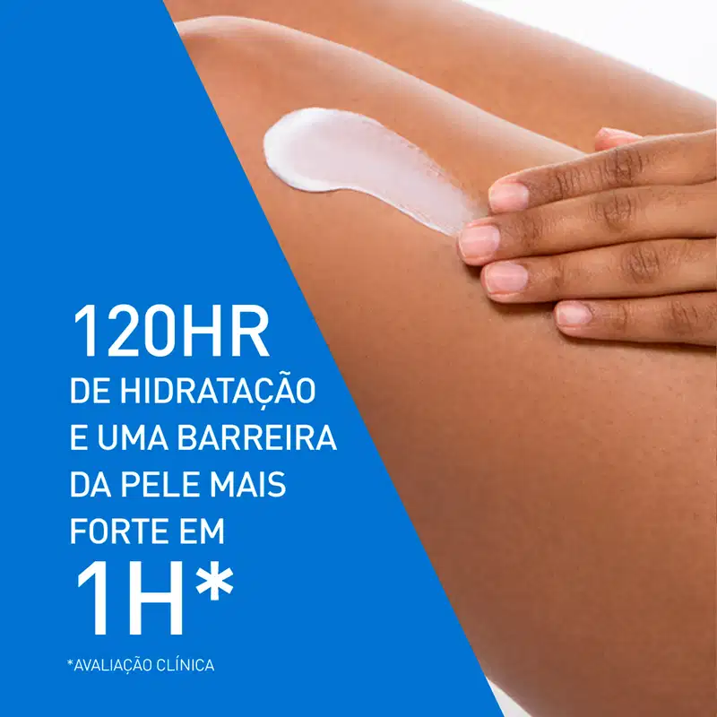 Cenário de cuidado corporal diário: uma mão aplica creme branco na pele bronzeada do braço. Predominam azul e laranja-pele, com fundo branco e texto promocional em destaque.