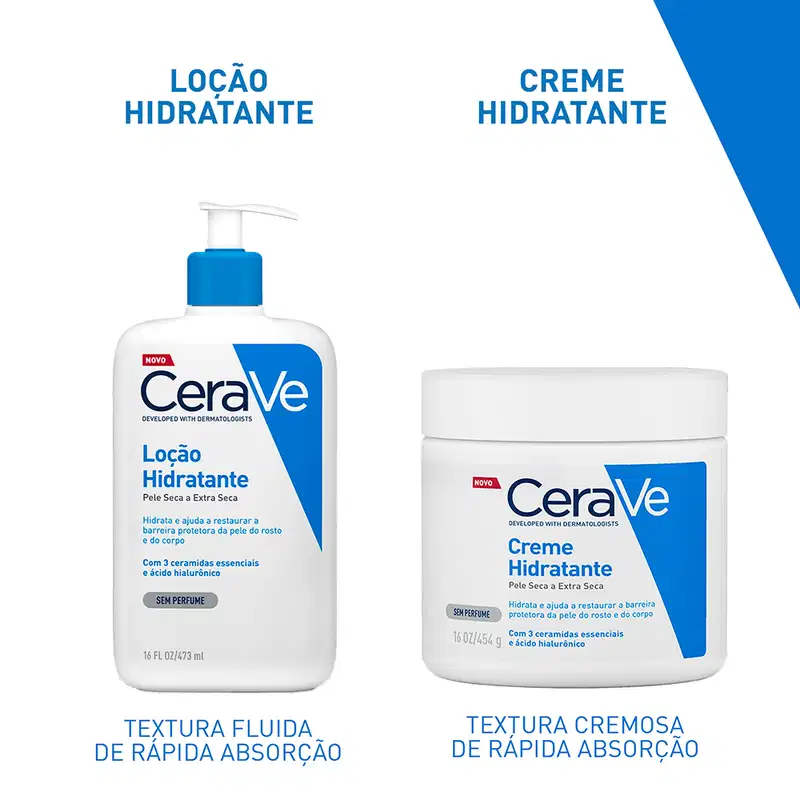 Fundo branco com faixas azuis, apresentando loção e creme hidratante CeraVe lado a lado, com textos destacando textura fluida ou cremosa e absorção rápida para uso diário.