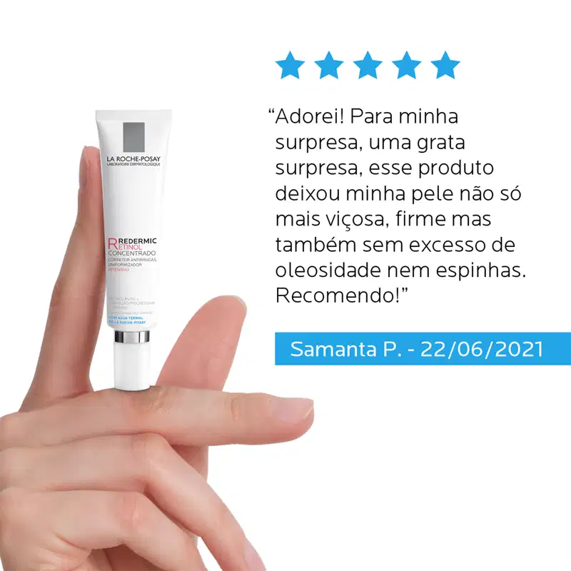 A imagem apresenta uma mão segurando o tubo, destacando seu tamanho compacto, e um depoimento de uma cliente satisfeita com o produto, avaliando-o positivamente.