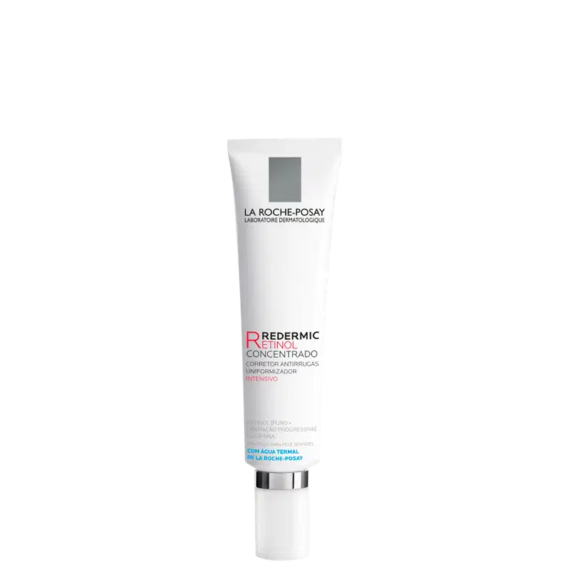 Embalagem em tubo plástico branco com detalhes em cinza e vermelho. Rótulo indica que é um "Redermic Retinol Concentrado", um corretivo antirrugas uniformizador intensivo.