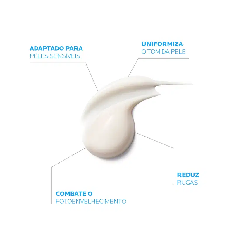 "Adaptado para peles sensíveis", "Uniformiza o tom da pele", "Reduz rugas" e "Combate o fotoenvelhecimento".