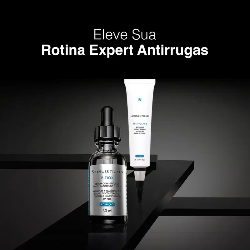Ambiente com produtos da marca SkinCeuticals, destacando o sérum P-Tiox e o creme Retinol 0.3, em um cenário escuro e minimalista, com foco nos benefícios antirrugas e luminosidade da pele.