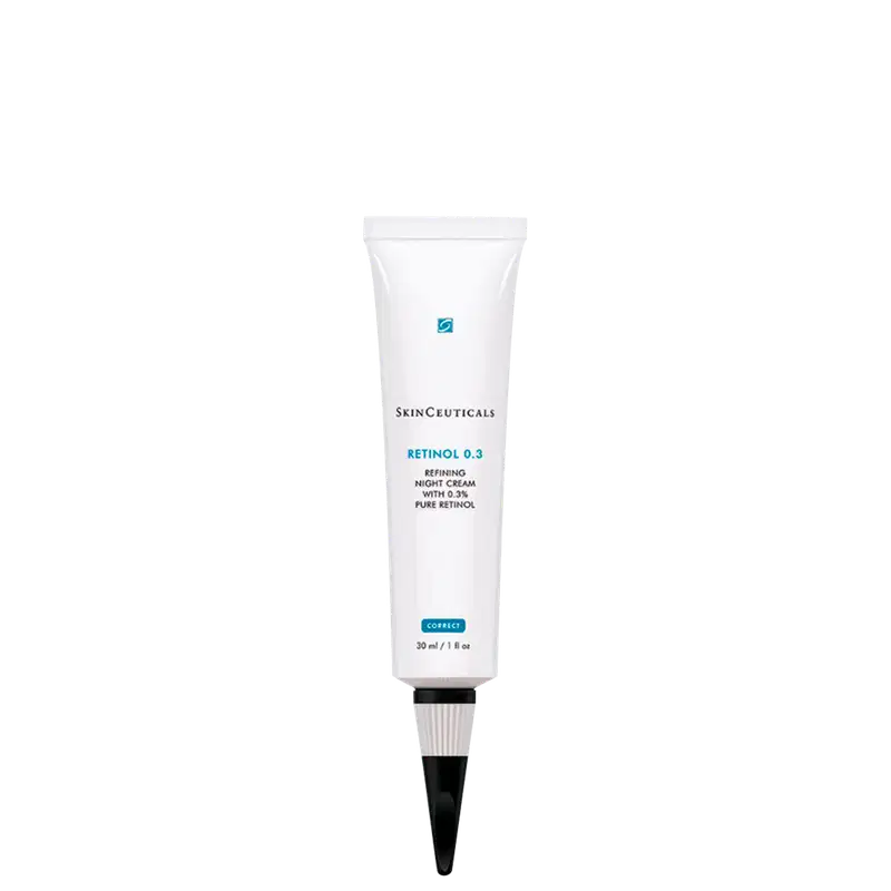 Tubo branco de 30 ml da linha SkinCeuticals, contendo o produto "Retinol 0.3", um creme noturno refinador com 0,3% de retinol puro, conforme indicado no rótulo.