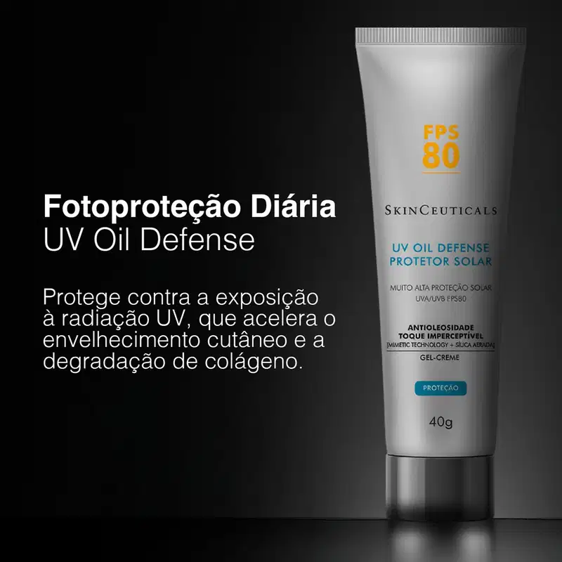 Fotoproteção Diária UV Oil Defense Protege contra a exposição à radiação UV, que acelera o envelhecimento cutâneo e a degradação de colágeno. FPS 80.