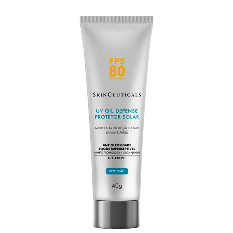 Tubo de gel-creme de proteção solar SkinCeuticals com FPS 80, embalagem branca e azul, com rótulo indicando "UV Oil Defense Protetor Solar" e "Antioleosidade toque imperceptível".