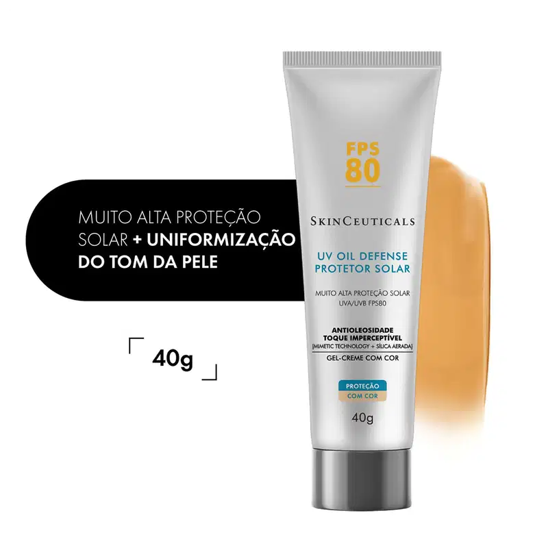 Tubo de protetor solar SkinCeuticals FPS 80 com tecnologia antimanchas, embalagem branca com detalhes em amarelo, informações sobre o produto e sua composição.
