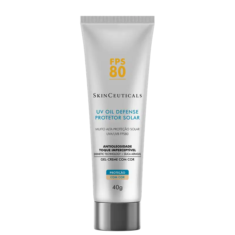 Tubo de protetor solar SkinCeuticals FPS 80 com tecnologia antimanchas, embalagem branca com detalhes em amarelo, informações sobre o produto e sua composição.