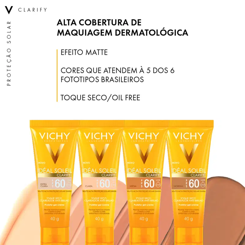 Vichy Idéal Soleil Clarify FPS 60 Cor Média - Protetor Solar Facial com Cor 40g