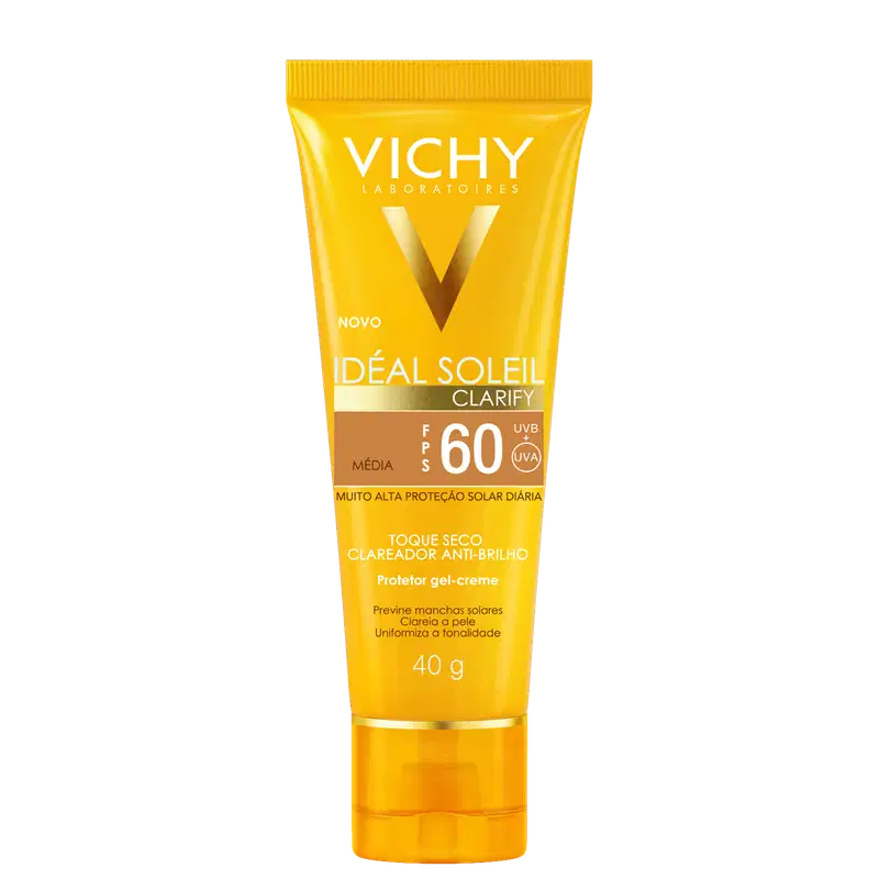 Tubo de protetor solar em gel-creme da linha Ideal Soleil da Vichy, com FPS 60 e embalagem amarela e preta. O produto promete proteção solar diária e uniformidade da pele.