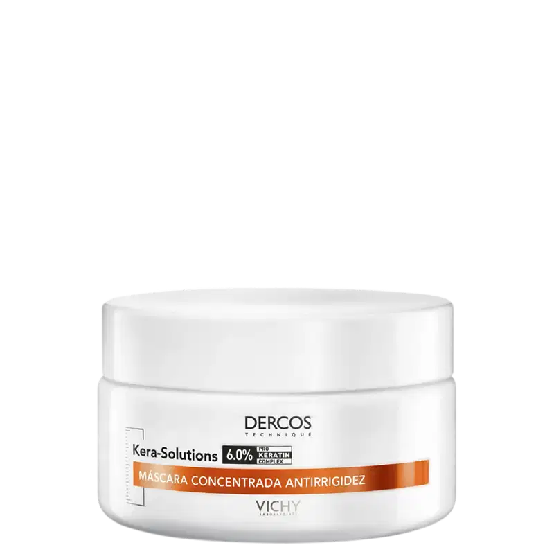 Frasco branco de máscara concentrada antirrigidez da linha Kera-Solutions da Dercos, marca Vichy, com 6,0% de complexo de queratina.