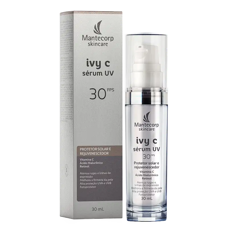 Sérum Protetor Solar Rejuvenecedor Facial Mantecorp Ivy C UV 30FPS ao lado da caixa