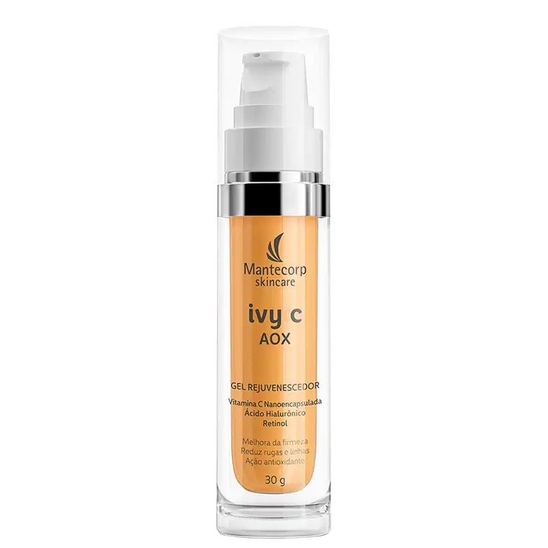 Frasco cilíndrico de 30g transparente com tampa branca. Rótulo laranja com o nome do produto "ivy c AOX" e a marca "Mantecorp skincare". Descrição indicando que contém vitamina C nanoencapsulada, ácido hialurônico e retinol.