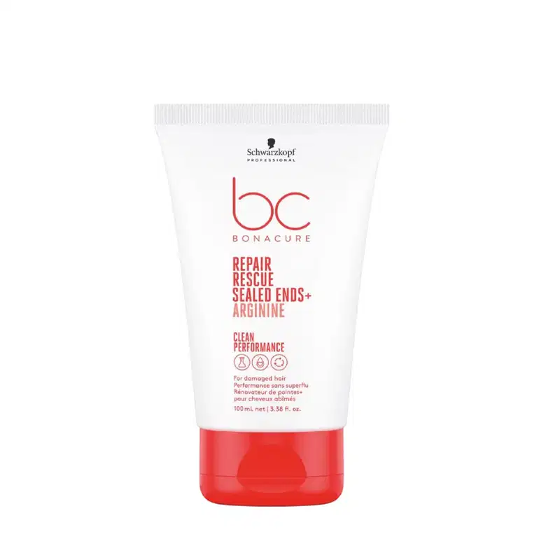 Tubo branco e vermelho da linha Bonacure da Schwarzkopf Professional, contendo o produto "Repair Rescue Sealed Ends + Arginine" para cabelos danificados. O rótulo destaca os benefícios de limpeza e performance do produto.