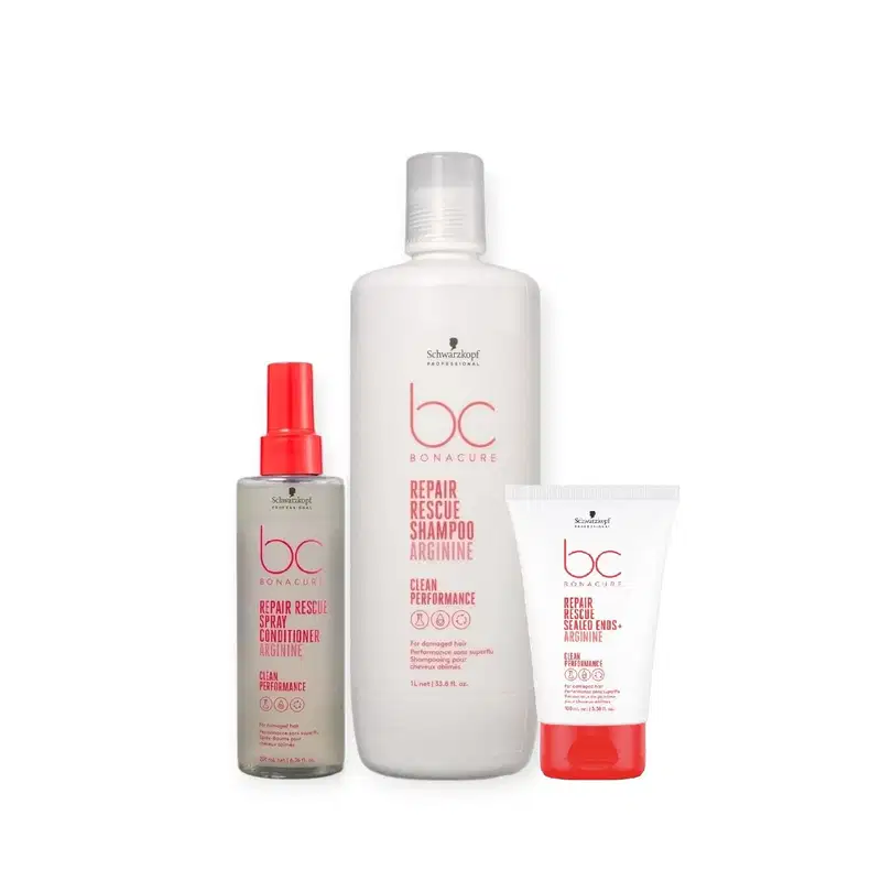 Produtos da linha Bonacure da Schwarzkopf Professional, incluindo um frasco de shampoo, um spray condicionador e um tubo de tratamento para pontas. As embalagens apresentam cores branca e vermelha com o logotipo da marca.