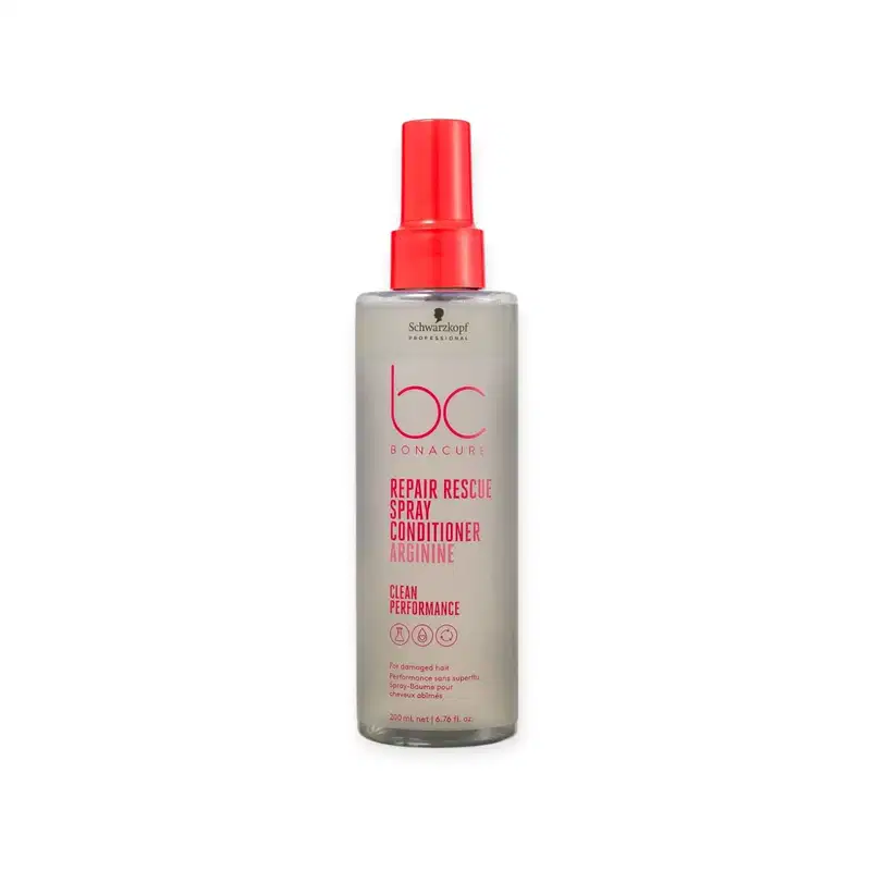 Frasco de spray condicionador de cabelos da linha Bonacure da Schwarzkopf Professional, com rótulo vermelho e cinza, contendo 200 ml do produto "Repair Rescue Spray Conditioner".