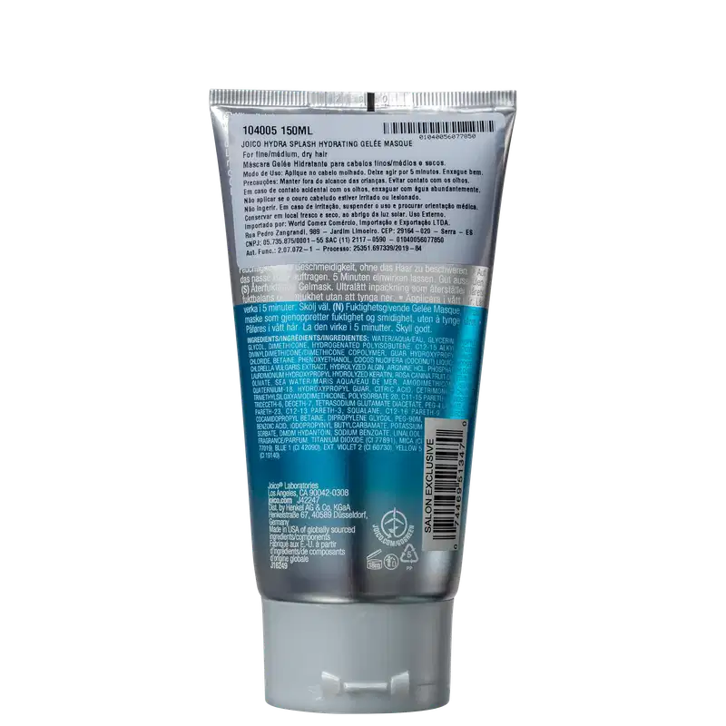 Tubo de 150 ml de máscara hidratante Joico Hydra Splash, com rótulo detalhado em várias línguas. Embalagem prateada com informações sobre o produto, ingredientes e instruções de uso.