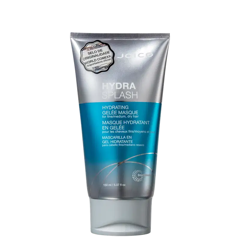Tubo de máscara hidratante em gel da linha Hydra Splash da Joico, com rótulo prata e azul, contendo 150 ml do produto para cabelos finos/médios e secos.