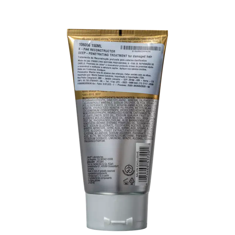Trata-se de um frasco de tratamento capilar da marca Joico, com embalagem dourada e preta, contendo informações sobre o produto e seus ingredientes.