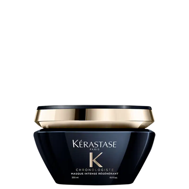 Frasco preto e dourado da linha Chronologiste da Kérastase, contendo 200 ml de máscara intensa regenerante. O rótulo em destaque apresenta o nome da marca e do produto.