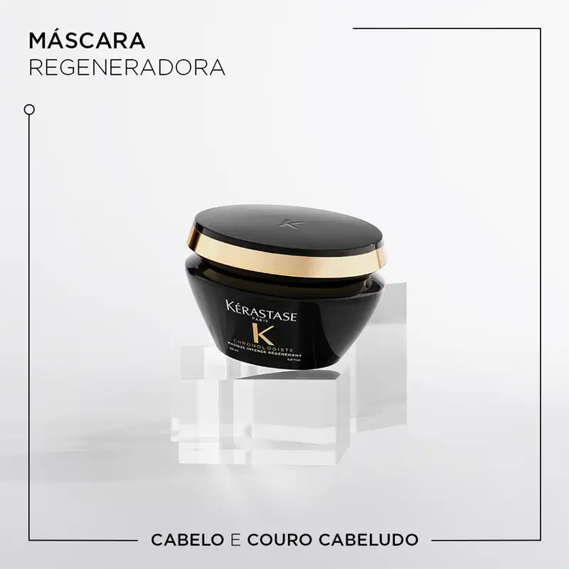 Frasco preto e dourado da máscara capilar Kérastase Chronologiste, com rótulo destacado em letras brancas. Embalagem de 200 ml, com design elegante e sofisticado.
