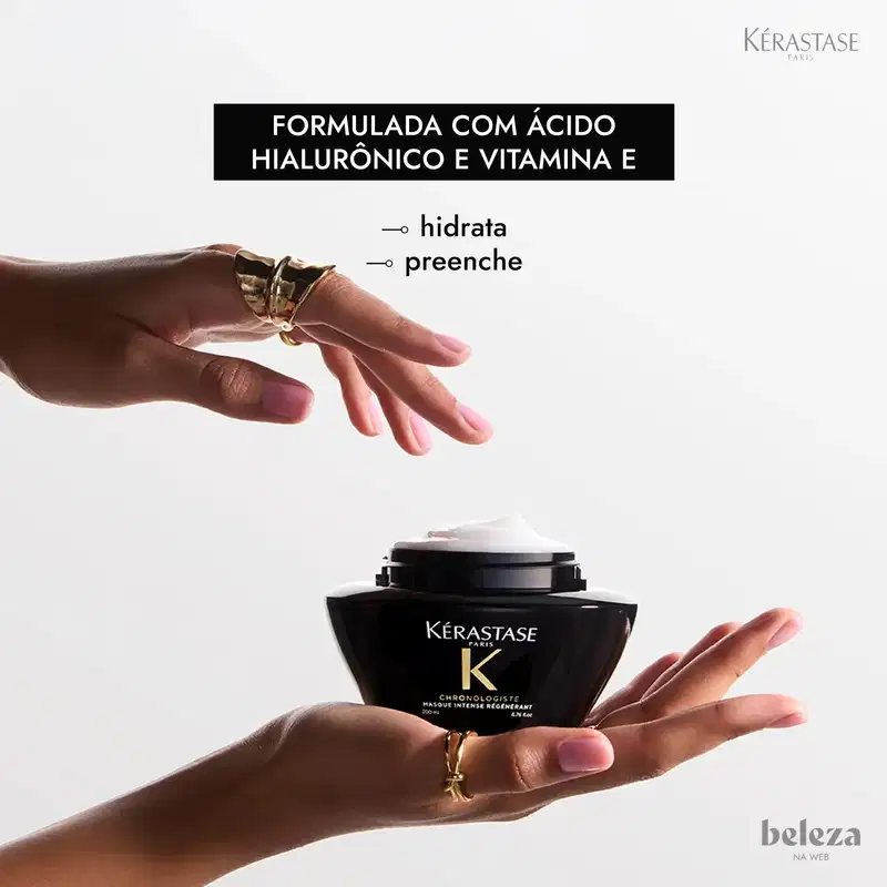Embalagem preta da marca Kérastase com texto "Formulada com ácido hialurônico e vitamina E" e "hidrata" e "preenche".