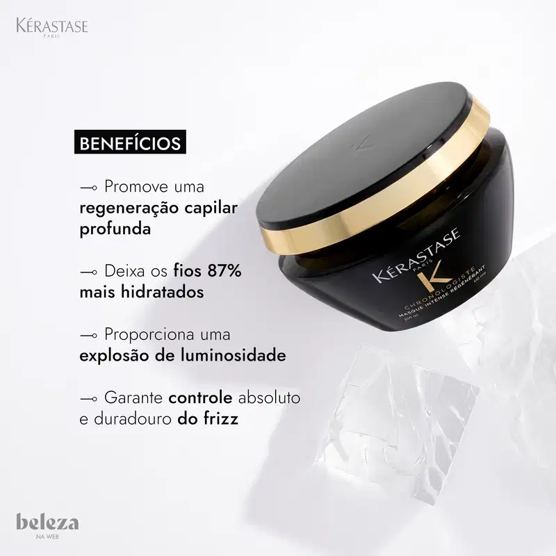 Embalagem preta e dourada da marca Kérastase, com texto "Benefícios" listando vantagens como regeneração capilar profunda, fios mais hidratados, luminosidade e controle do frizz.