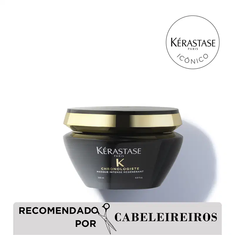 Frasco preto e dourado da máscara capilar Kérastase Chronologiste, com rótulo destacado em letras brancas. Embalagem de 200 ml, com design elegante e sofisticado.