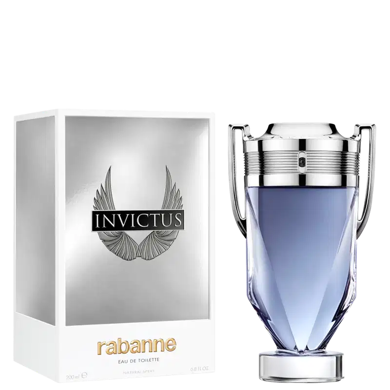 Frasco de perfume Invictus, da marca Paco Rabanne, com design elegante e moderno em tons de azul e prata, com detalhes metálicos na tampa.