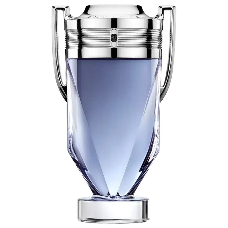 Frasco de perfume Invictus, da marca Paco Rabanne, com design elegante e moderno em tons de azul e prata, com detalhes metálicos na tampa.