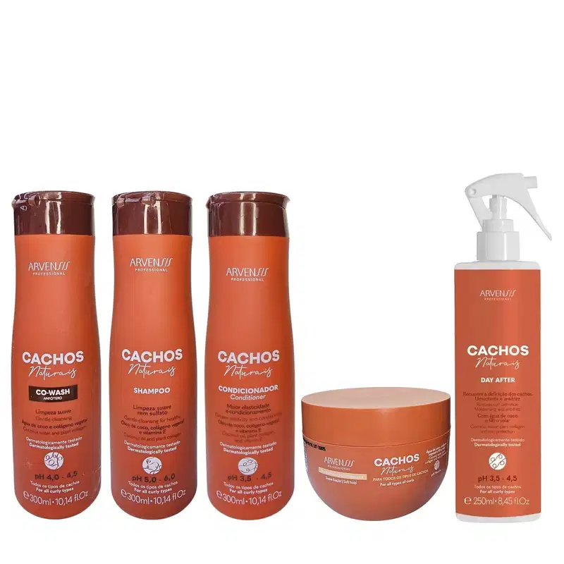 Kit Arvensis Professional Cachos Naturais - Shampoo 300ml + Condicionador 300ml + Co-Wash 300ml + Máscara 250g + Day After 250ml