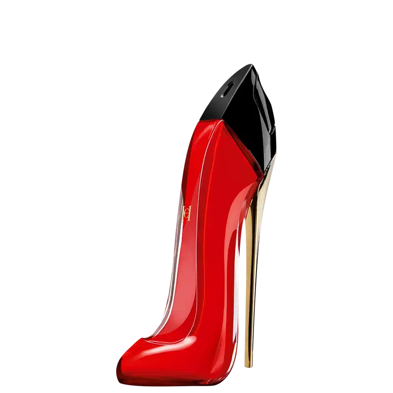 Perfume feminino em frasco de vidro vermelho brilhante com formato de salto alto. O design elegante e ousado é característico da marca de moda e fragrâncias Carolina Herrera.