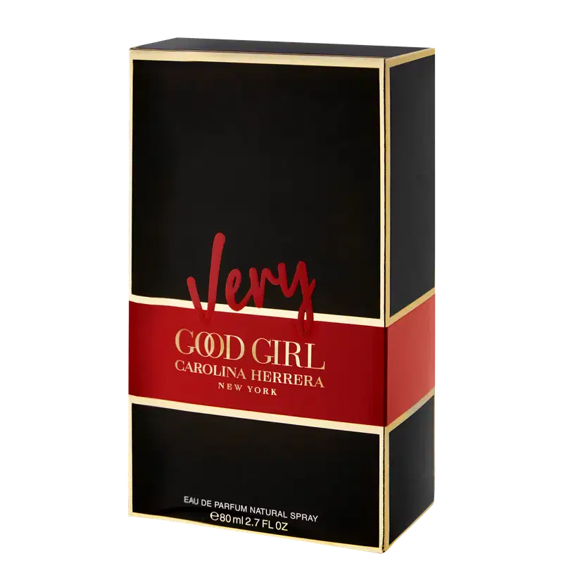 Caixa preta com detalhes em dourado e vermelho. Na parte frontal, o nome "Good Girl" em letras vermelhas cursivas e os dizeres "Carolina Herrera New York" em letras douradas. Na parte inferior, as informações "Eau de Parfum Natural Spray 80ml.