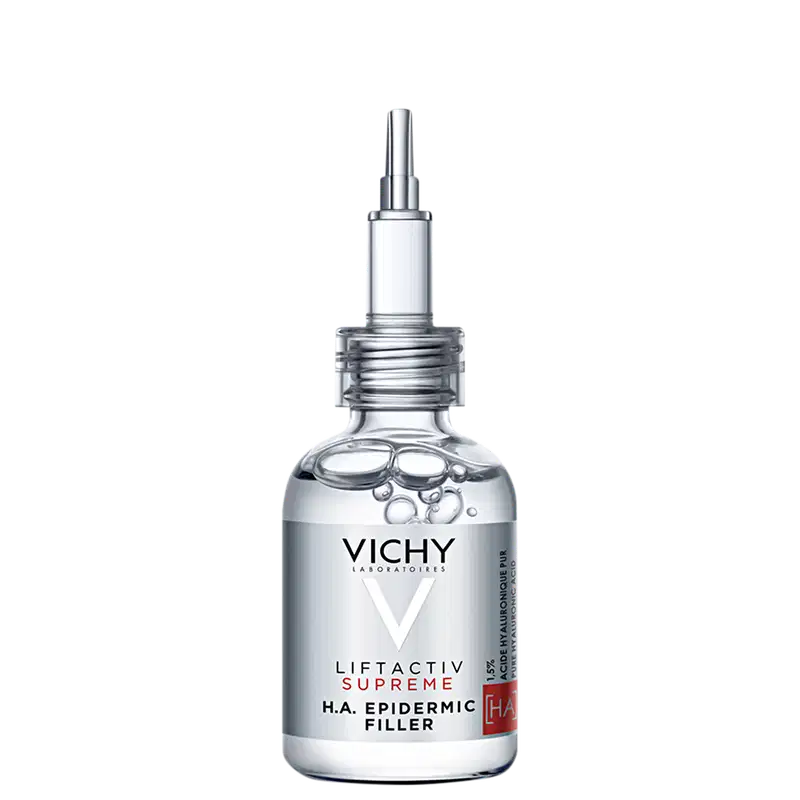 Frasco de vidro transparente com pipeta dosadora contendo o produto Liftactiv Supreme H.A. Epidermic Filler da Vichy. O rótulo apresenta o nome da marca e do produto em letras brancas sobre fundo preto.