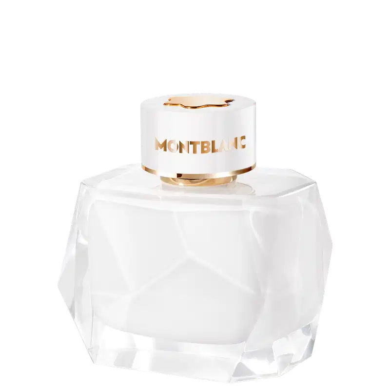 Perfume em frasco de vidro transparente com formato geométrico facetado. O design é minimalista e elegante, característico da marca de luxo Montblanc.