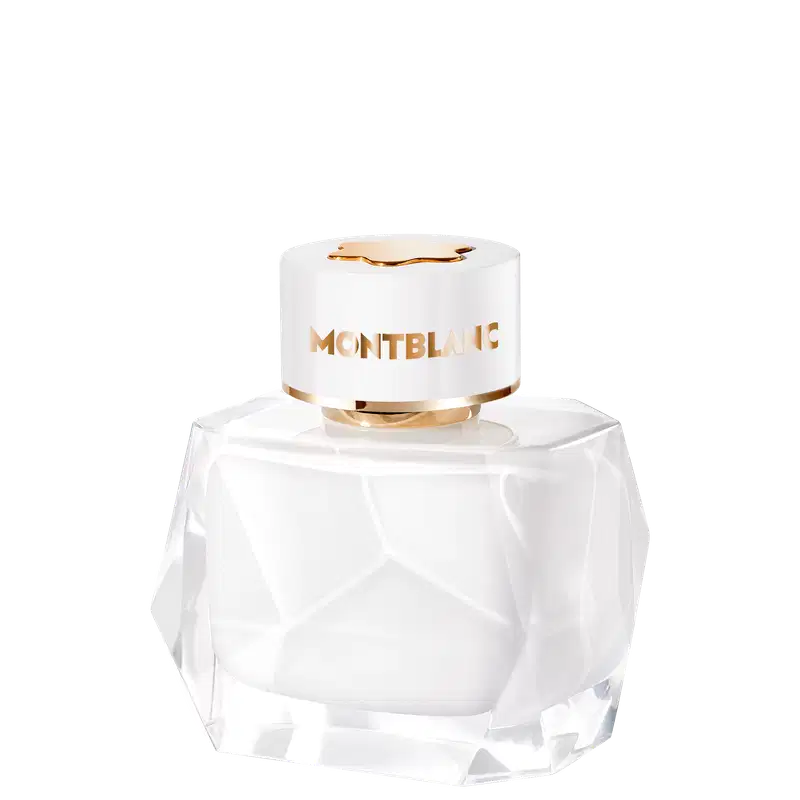 Perfume em frasco de vidro transparente com formato geométrico facetado. O design é minimalista e elegante, característico da marca de luxo Montblanc.