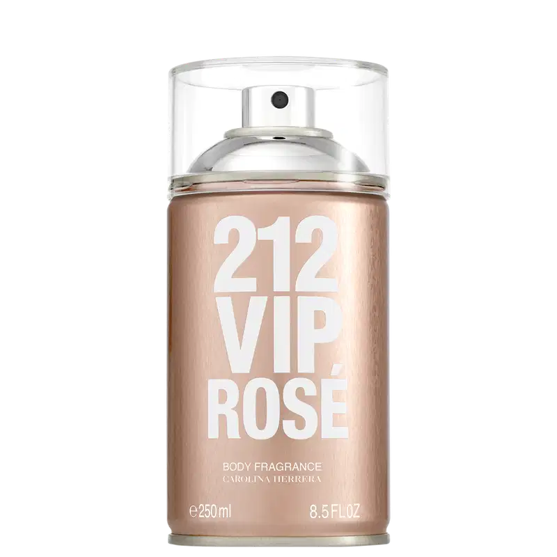 Frasco de body spray Carolina Herrera 212 VIP Rose, com embalagem em tons de rosa e branco, contendo 250 ml do produto.