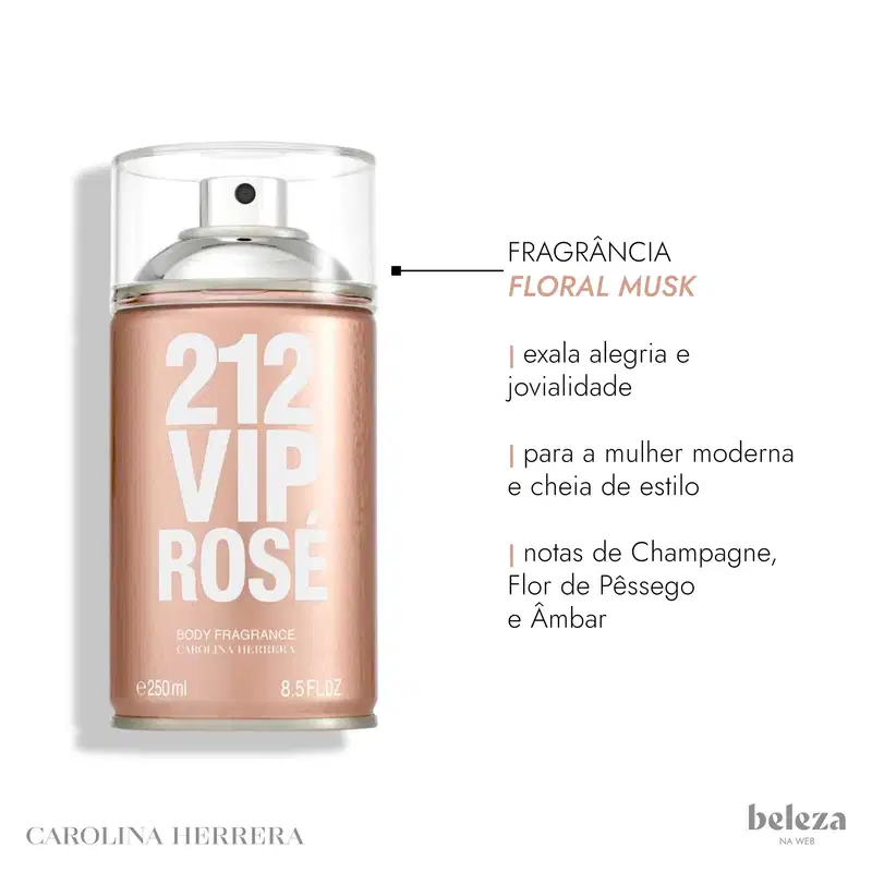 Frasco de body spray Carolina Herrera 212 VIP Rose, com embalagem em tons de rosa e branco, contendo 250 ml do produto.